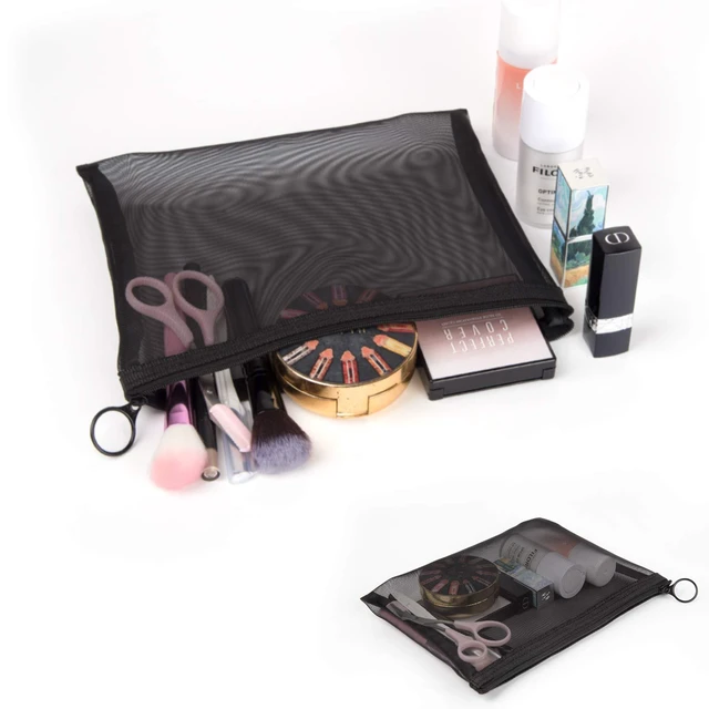 Alt view image 7 of 7 - Zipper Mesh Bags, Pack of 4 (S/M/L & Long Pouch), Beauty Makeup Cosmetic Accessories Organizer, Travel Toiletry Kit Set Storage Case, Black