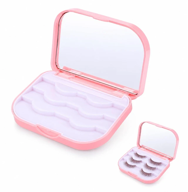 Main image of 3-Layer Eyelash Storage Case with Mirror, Portable Pink Lash Organizer | Makeup Storage Box Empty Travel Cases Cosmetic Organizer Box Fake Eyelash Container Lash Packaging Pink