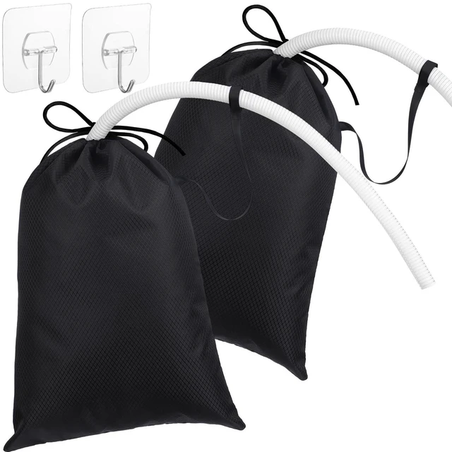 Main image of 2 Packs Respirator Mask Covers Reusable Storage Bag with Strap Black | Breathable Mesh Keeps Mask Dry, Reusable Drawstring with Loop, Includes 2 Adhesive Hooks, for Travel and Home Storage