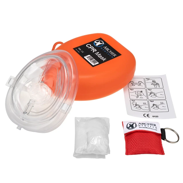 Alt view image 7 of 7 - CPR Mask with One-Way Valve, Hard Case and Face Shield | Soft contoured cuff, replaceable one-way valve, supplemental oxygen inlet, latex-free, gloves and instructions included