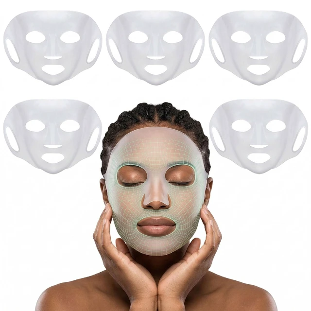 Main image of 5 Pack Reusable Silicone Face Mask Cover for Sheet Masks with Portable Storage Box, White 3D Facial Mask Holder to Prevent Evaporation, Soft Ear-Hook Loops Skin Care Tool for Women & Men