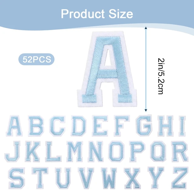 Alt view image 3 of 7 - 52 Pieces Iron on Letter Patches, Embroidered A-Z Letter Patches | Self Adhesive Chenille Patches for DIY Clothing, Heat Press Name Patch for Clothes, Dress, Hat, Jeans - 2 Inch Light Blue