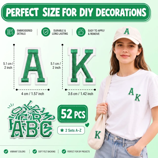 Alt view image 2 of 6 - Iron on Letters, 52 Pcs Alphabet Patches with Ironed Adhesive, Decorate Repair Patches for Shirts Jackets Hats Jeans Shoes Bags(Green)