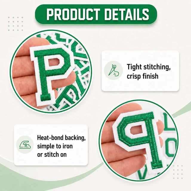 Alt view image 3 of 6 - Iron on Letters, 52 Pcs Alphabet Patches with Ironed Adhesive, Decorate Repair Patches for Shirts Jackets Hats Jeans Shoes Bags(Green)