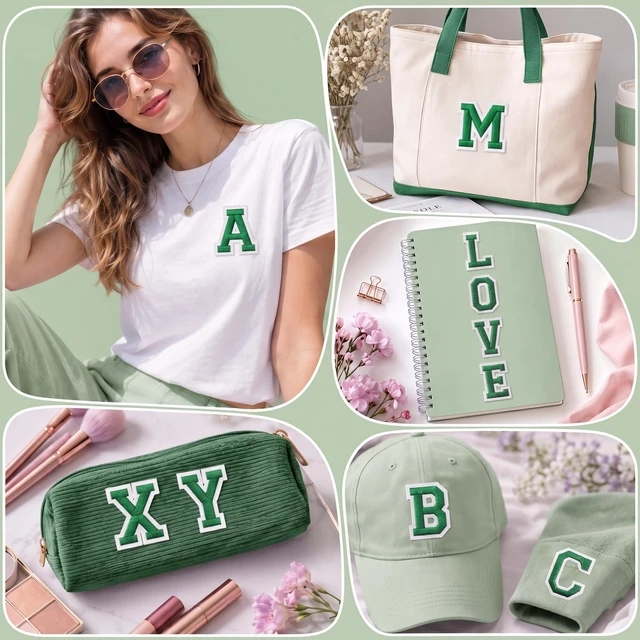 Alt view image 4 of 6 - Iron on Letters, 52 Pcs Alphabet Patches with Ironed Adhesive, Decorate Repair Patches for Shirts Jackets Hats Jeans Shoes Bags(Green)