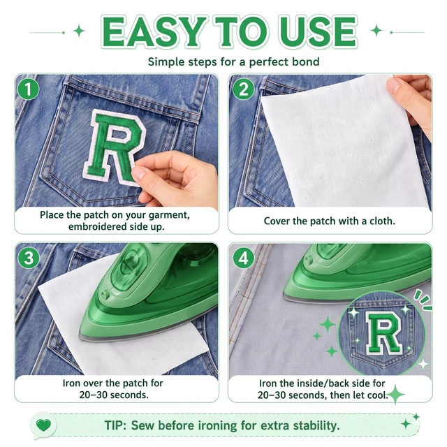 Alt view image 6 of 6 - Iron on Letters, 52 Pcs Alphabet Patches with Ironed Adhesive, Decorate Repair Patches for Shirts Jackets Hats Jeans Shoes Bags(Green)