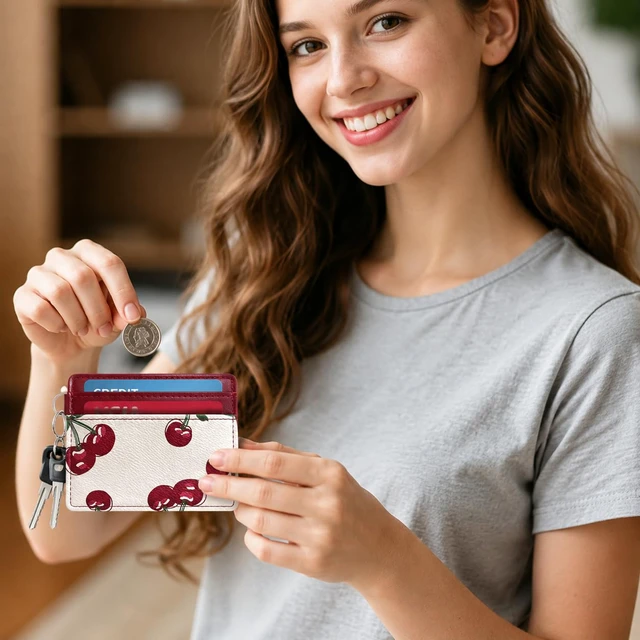 Alt view image 5 of 6 - Cute Fruit Prints Slim Credit Card Case for Women Girls | Credit Card Slots, Back ID Window, Keyring
