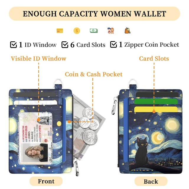 Alt view image 3 of 7 - Black Cat Slim Wallet Women Credit Card Holder, RFID Small Cute | Zipper Pocket Wallet, Thin Travel Coin Purse, Ladies Women Gifts, Minimalist Card Case, 6 Card Slots, ID Window, PU Leather