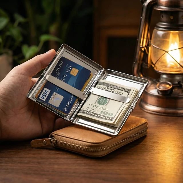 Alt view image 6 of 7 - Vintage Art Deco Versatile Card & Cash/Cigarette Holder Case, Slim Metal Wallet for Women Men Credit ID Business Cards (#E)