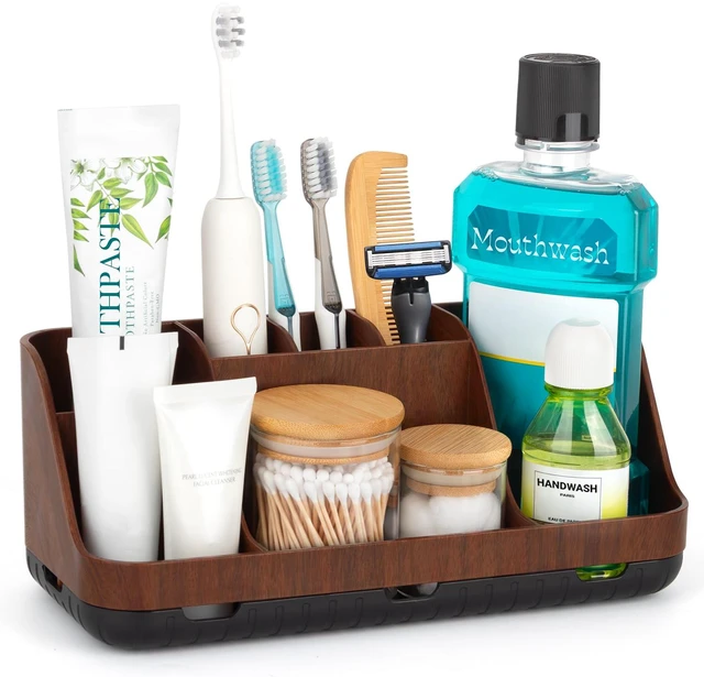 Main image of Wood Toothbrush Holders for Bathroom Organizer with Drain Holes | Detachable 7 Slots Kid Electric Toothbrush and Toothpaste Holder, Bathroom Sink, Caddy, Tray, Vanity Storage Wood-Look, Brown