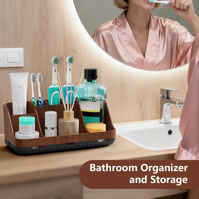 Alt view image 2 of 7 - Wood Toothbrush Holders for Bathroom Organizer with Drain Holes | Detachable 7 Slots Kid Electric Toothbrush and Toothpaste Holder, Bathroom Sink, Caddy, Tray, Vanity Storage Wood-Look, Brown