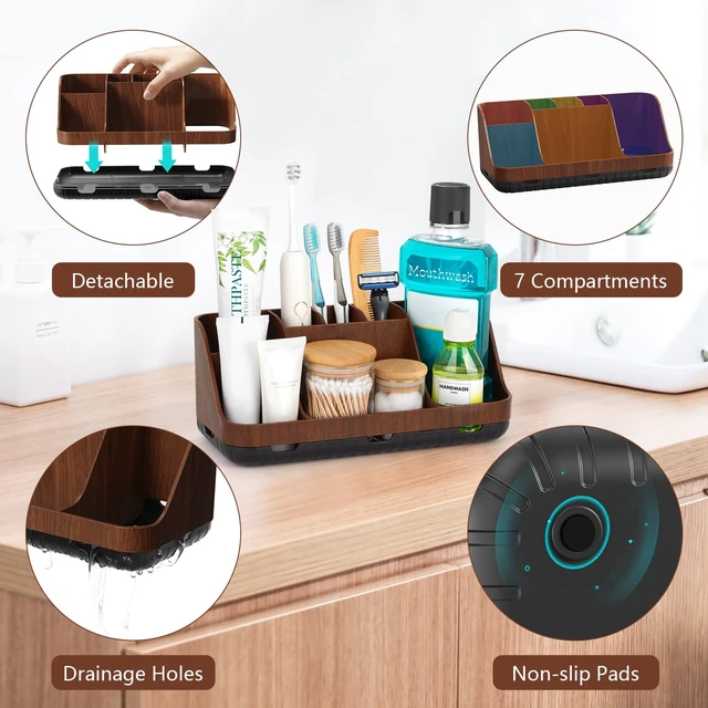 Alt view image 3 of 7 - Wood Toothbrush Holders for Bathroom Organizer with Drain Holes | Detachable 7 Slots Kid Electric Toothbrush and Toothpaste Holder, Bathroom Sink, Caddy, Tray, Vanity Storage Wood-Look, Brown