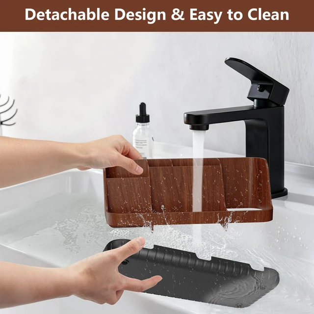 Alt view image 4 of 7 - Wood Toothbrush Holders for Bathroom Organizer with Drain Holes | Detachable 7 Slots Kid Electric Toothbrush and Toothpaste Holder, Bathroom Sink, Caddy, Tray, Vanity Storage Wood-Look, Brown