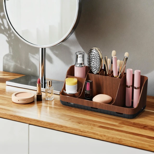Alt view image 5 of 7 - Wood Toothbrush Holders for Bathroom Organizer with Drain Holes | Detachable 7 Slots Kid Electric Toothbrush and Toothpaste Holder, Bathroom Sink, Caddy, Tray, Vanity Storage Wood-Look, Brown