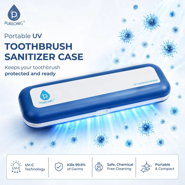 Alt view image 2 of 7 - Portable UV Toothbrush Sanitizer Case - Travel Toothbrush Sanitizer and Holder - For Electric and Manual Brush Heads with UV Light & Auto Shut Off Timer