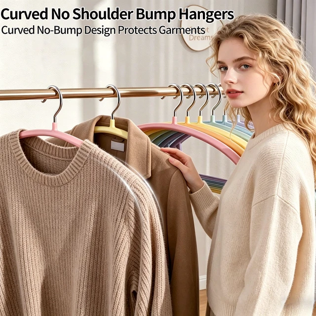 Alt view image 3 of 7 - 14 Pack Curved No Shoulder Bump Hangers, MultiColor Metal Hangers with NonSlip Plastic Coating, Heavy Duty Space Saving Coat Hangers for Shirts, Suits & Sweaters