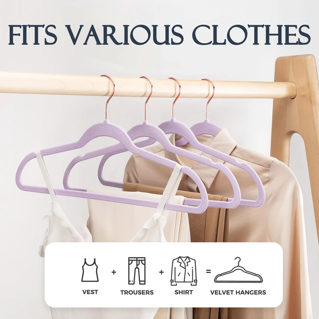 Alt view image 3 of 7 - Lt-Purple Velvet Hangers 20 Pack, Premium Non-Slip Felt Clothes, Sturdy Heavy Duty Coat, Durable Hangers for Suits, Space Saving with No Hanger Mark, 360° Swivel Rotating Rose Gold Hook