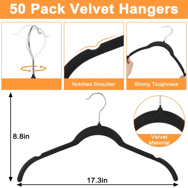Alt view image 2 of 6 - 50 Pack Black Velvet Hangers Shirts, Non-Slip Felt Clothes Hangers 360°Swivel, Holds up to 10 lbs Slim Flocked Space Saving Coat Hangers for Pants Tank Top Dresses Closet Organizers, Black