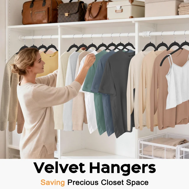 Alt view image 4 of 6 - 50 Pack Black Velvet Hangers Shirts, Non-Slip Felt Clothes Hangers 360°Swivel, Holds up to 10 lbs Slim Flocked Space Saving Coat Hangers for Pants Tank Top Dresses Closet Organizers, Black