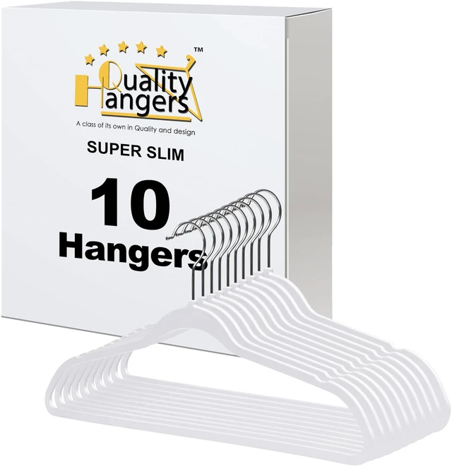 Main image of 10 Pack Slim Plastic Hangers for Clothes - 16.5" Won't Crease Your Clothes, Heavy Duty Non-Velvet Black Hangers, 360° Swivel Chrome Hook Dresses Coats Shirts (10, White)