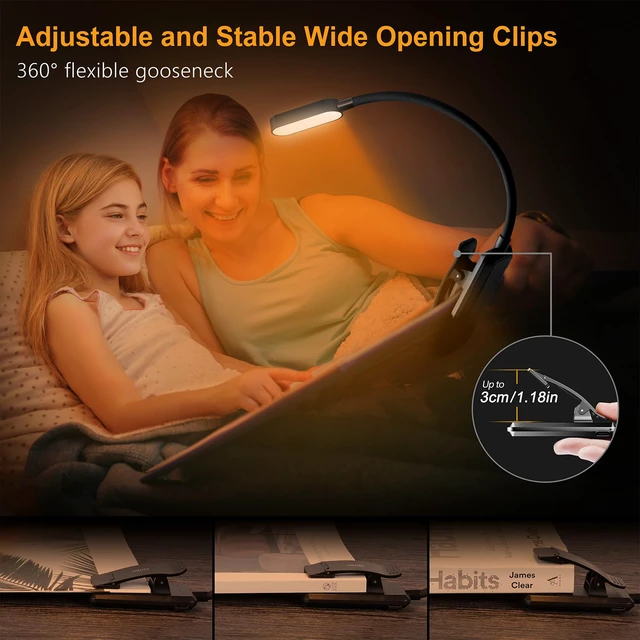 Alt view image 2 of 5 - 16 LED Rechargeable Book Light for Reading in Bed | Eye Caring 3 Color Temperatures,Stepless Dimming Brightness,80 Hrs Runtime,Lightweight Flexible Clip on Light for Book Lovers