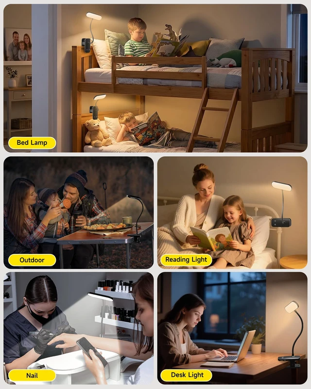 Alt view image 7 of 7 - Rechargeable Clip on Light, Bed Headboard Reading Lamp, Black | Portable Cordless Battery-Operated USB-C, 5 Colors 5 Brightness Goose-Neck, Flicker-Free Clamp Desk Dorm Bunk Bed Light