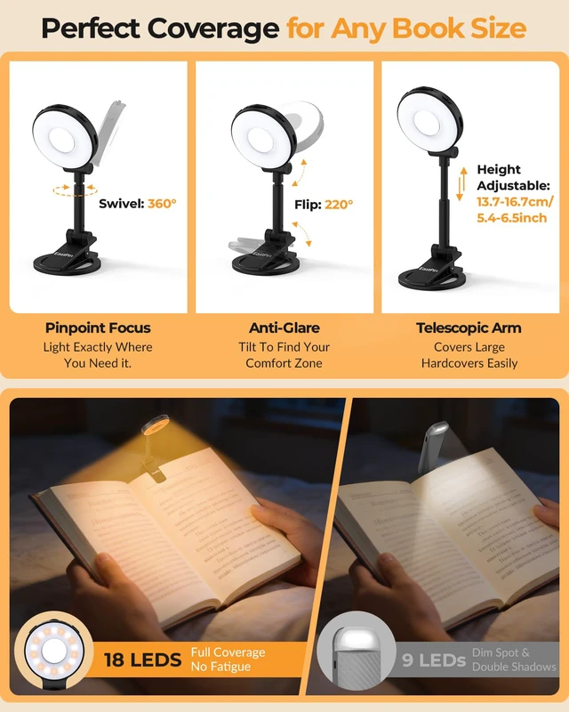 Alt view image 2 of 7 - Book Light for Night Reading in Bed: Rechargeable Clip On Reading Light | 18 LED Eye-Caring Booklight with 5 Color Temps, Silent Stepless Dimming, Timer & Memory 90Hrs Runtime Gifts for Book Lovers