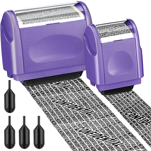 Main image of 2 Pack Identity Protection Roller Stamp 4 Pack Refill Ink,Purple | Confidential Privacy Stamp, Information Blocker for ID, Account, Data and Address Security, Prevents Identity Theft Risk