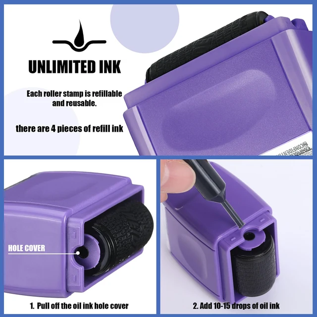 Alt view image 3 of 6 - 2 Pack Identity Protection Roller Stamp 4 Pack Refill Ink,Purple | Confidential Privacy Stamp, Information Blocker for ID, Account, Data and Address Security, Prevents Identity Theft Risk
