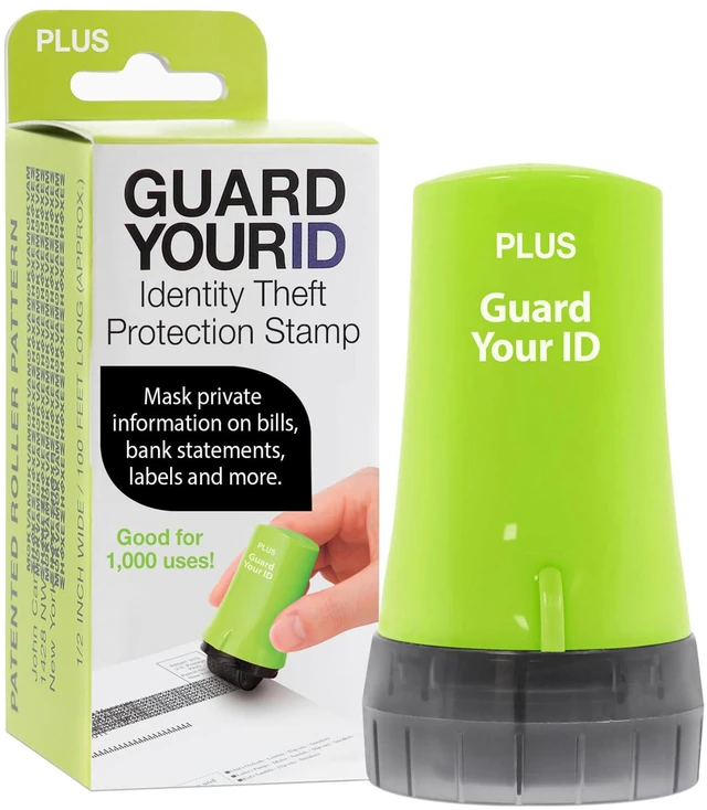 Main image of Identity Theft Protection Roller Stamp, Guard Your ID, Green | Pre-inked, 1,000 impressions per roller, covers 3 lines per pass, works on paper, envelopes, prescription labels, twist cap