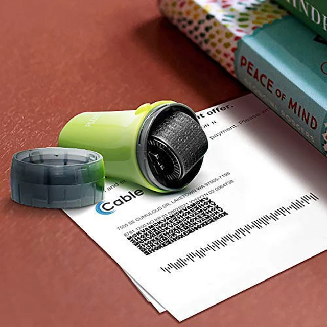Alt view image 7 of 7 - Identity Theft Protection Roller Stamp, Guard Your ID, Green | Pre-inked, 1,000 impressions per roller, covers 3 lines per pass, works on paper, envelopes, prescription labels, twist cap