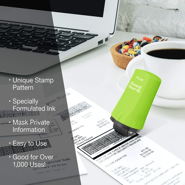 Alt view image 5 of 7 - Identity Theft Protection Roller Stamp, Guard Your ID, Green | Pre-inked, 1,000 impressions per roller, covers 3 lines per pass, works on paper, envelopes, prescription labels, twist cap
