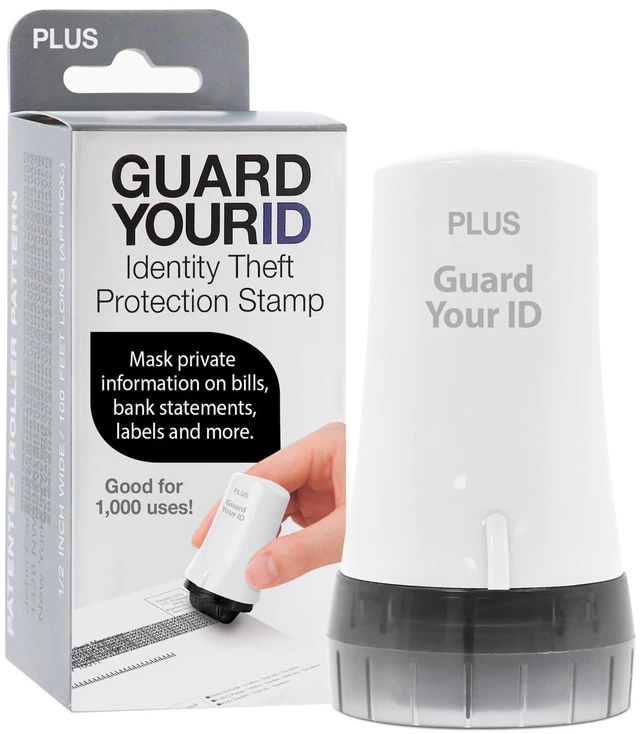 Main image of Identity Theft Protection Roller Stamp, Guard Your ID, White | Pre-inked, 1,000 impressions per roller, covers 3 lines per pass, works on paper, envelopes, prescription labels, twist cap