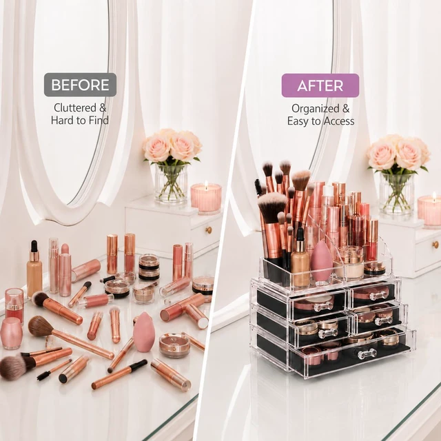 Alt view image 2 of 6 - Makeup Organizer Countertop, Cosmetic Display Case, Acrylic Makeup Storage for Vanity, Clear Make-up Organizer for Vanity, Accessories Holder with Drawers