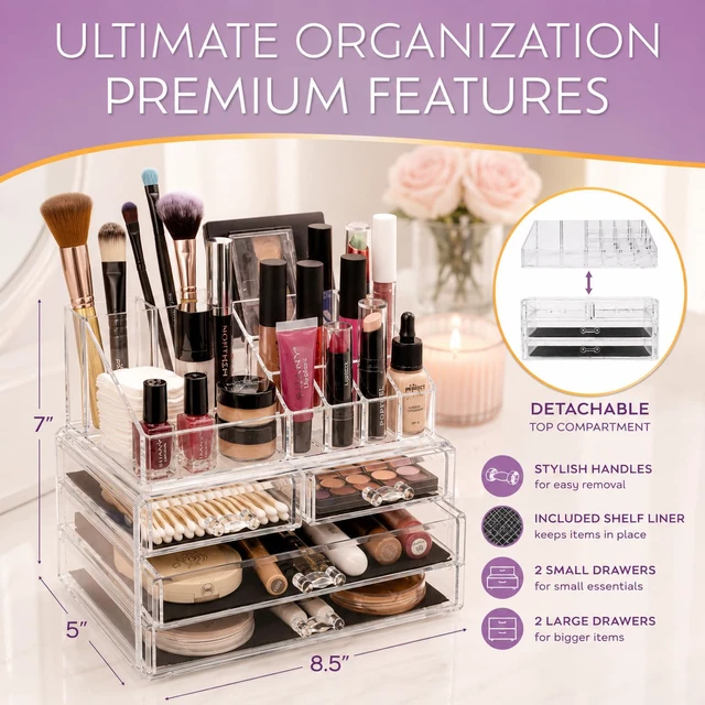 Alt view image 5 of 6 - Makeup Organizer Countertop, Cosmetic Display Case, Acrylic Makeup Storage for Vanity, Clear Make-up Organizer for Vanity, Accessories Holder with Drawers