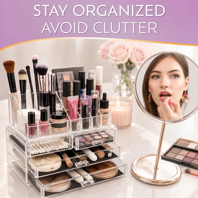 Alt view image 6 of 6 - Makeup Organizer Countertop, Cosmetic Display Case, Acrylic Makeup Storage for Vanity, Clear Make-up Organizer for Vanity, Accessories Holder with Drawers