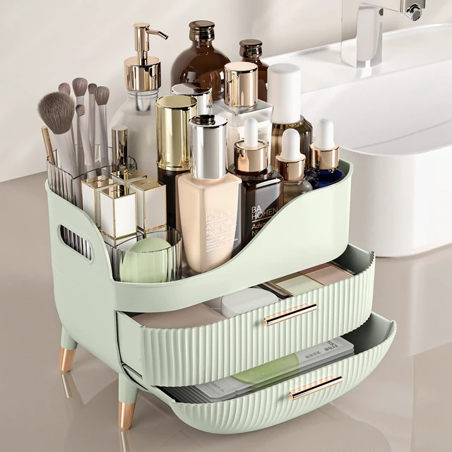 Alt view image 2 of 6 - Makeup Organizer with Drawers, Green Skincare Organizer for Vanity, Storage Box with Handle, Large Cosmetic Display Case for Dresser, Bathroom Countertop
