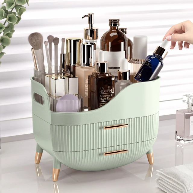 Alt view image 4 of 6 - Makeup Organizer with Drawers, Green Skincare Organizer for Vanity, Storage Box with Handle, Large Cosmetic Display Case for Dresser, Bathroom Countertop