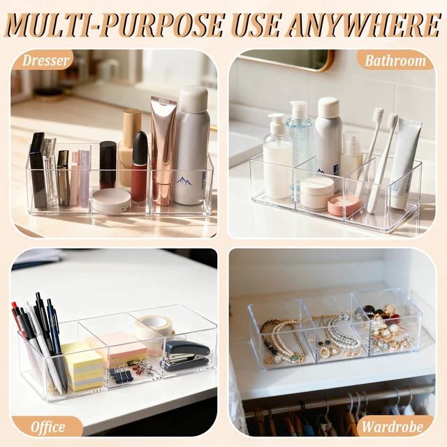 Alt view image 5 of 7 - Acrylic Makeup Organizer, Clear 3-Section Makeup Drawer Organizer for Bathroom, Vanity & Countertop, Multi-Purpose Acrylic Drawer Organizer for Cosmetics, Skincare & Accessories