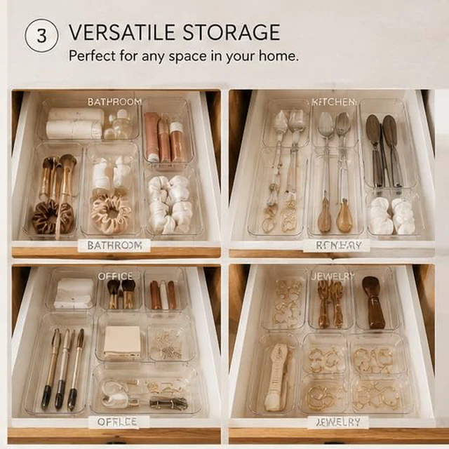Alt view image 2 of 5 - StillHaven Clear Drawer Organizer Set, 5-Piece Plastic Drawer Organizers, Multi-Size Bathroom Vanity Storage Trays for Makeup, Skincare, Kitchen, Office and Home Organization