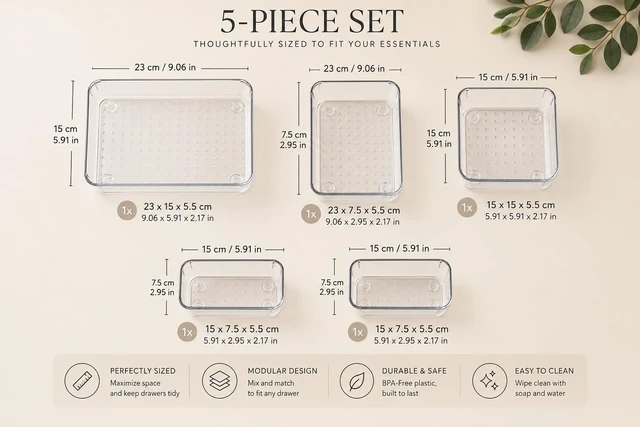 Alt view image 5 of 5 - StillHaven Clear Drawer Organizer Set, 5-Piece Plastic Drawer Organizers, Multi-Size Bathroom Vanity Storage Trays for Makeup, Skincare, Kitchen, Office and Home Organization