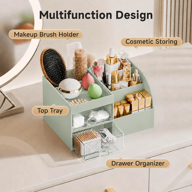 Alt view image 2 of 6 - Makeup Organizer with 2 Drawers, Makeup Organizers Countertop for Vanity and Bathroom, Make up organization and Skincare Storage with Brush Holder, for Dresser, Desktop, Cosmetic Display Case(Green)