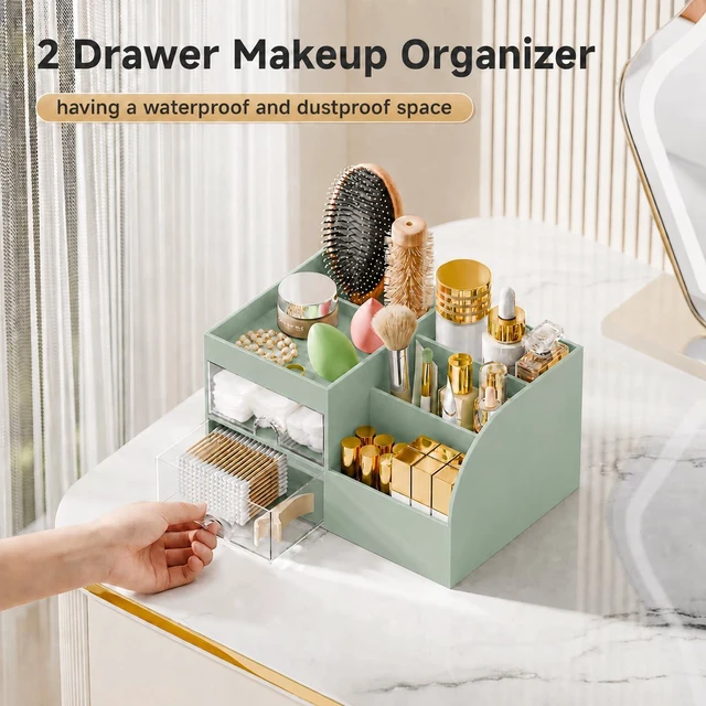 Alt view image 3 of 6 - Makeup Organizer with 2 Drawers, Makeup Organizers Countertop for Vanity and Bathroom, Make up organization and Skincare Storage with Brush Holder, for Dresser, Desktop, Cosmetic Display Case(Green)