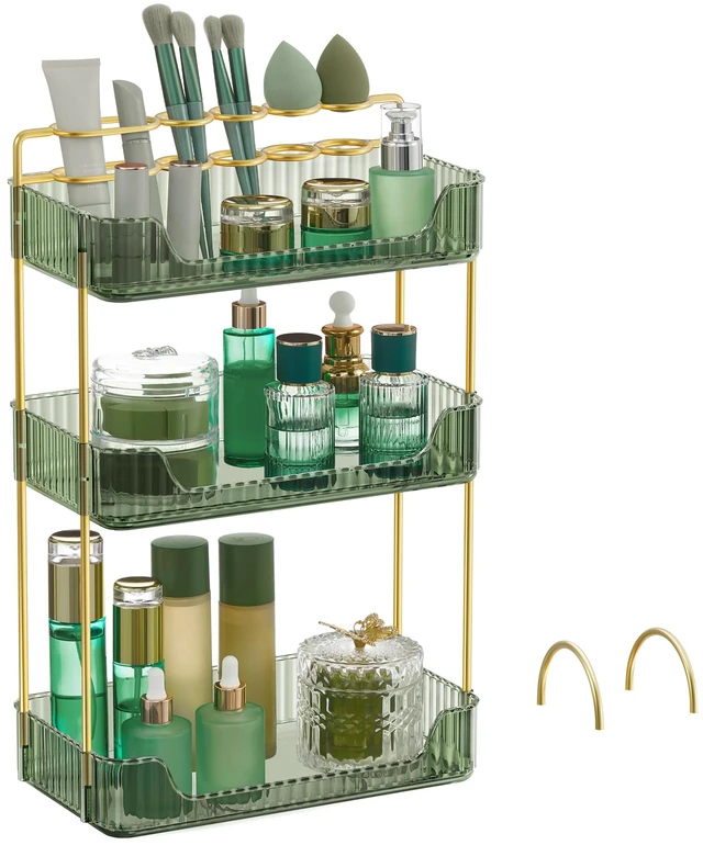 Main image of 3-Tier Makeup Organizer, Square, Customizable | Skincare Organizer Countertop, with Handle and Brush Holder, Gift, Green and Gold, GLORA Collection UJKA013C01