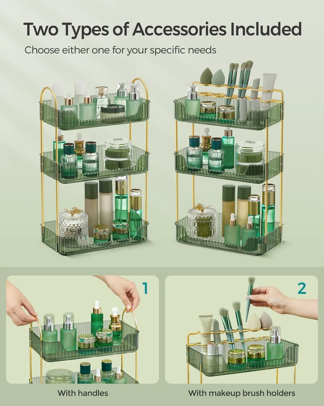 Alt view image 2 of 6 - 3-Tier Makeup Organizer, Square, Customizable | Skincare Organizer Countertop, with Handle and Brush Holder, Gift, Green and Gold, GLORA Collection UJKA013C01