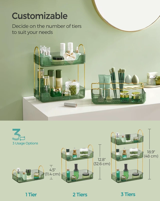 Alt view image 3 of 6 - 3-Tier Makeup Organizer, Square, Customizable | Skincare Organizer Countertop, with Handle and Brush Holder, Gift, Green and Gold, GLORA Collection UJKA013C01