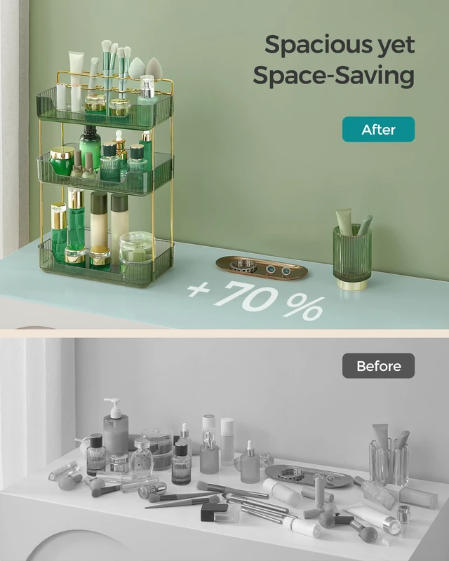 Alt view image 4 of 6 - 3-Tier Makeup Organizer, Square, Customizable | Skincare Organizer Countertop, with Handle and Brush Holder, Gift, Green and Gold, GLORA Collection UJKA013C01