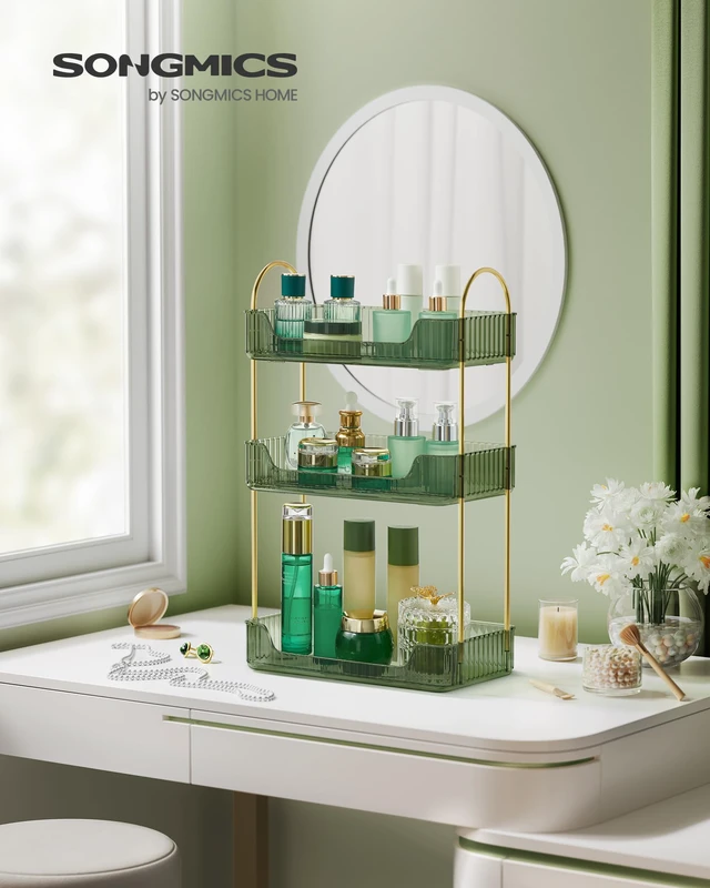 Alt view image 6 of 6 - 3-Tier Makeup Organizer, Square, Customizable | Skincare Organizer Countertop, with Handle and Brush Holder, Gift, Green and Gold, GLORA Collection UJKA013C01