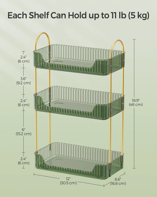 Alt view image 5 of 6 - 3-Tier Makeup Organizer, Square, Customizable | Skincare Organizer Countertop, with Handle and Brush Holder, Gift, Green and Gold, GLORA Collection UJKA013C01