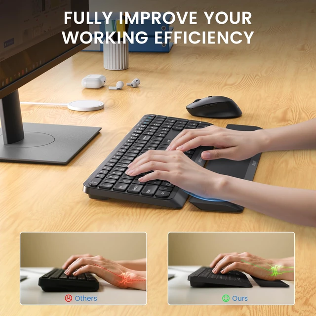 Alt view image 3 of 7 - Bluetooth Keyboard and Mouse Combo - Bluetooth 2.4Ghz Wireless Keyboard and Mouse,Ergonomic Design with Palm Rest,3-Device Connectivity, 5 DPI Mouse, Long Battery for Office & Home - SPT6607